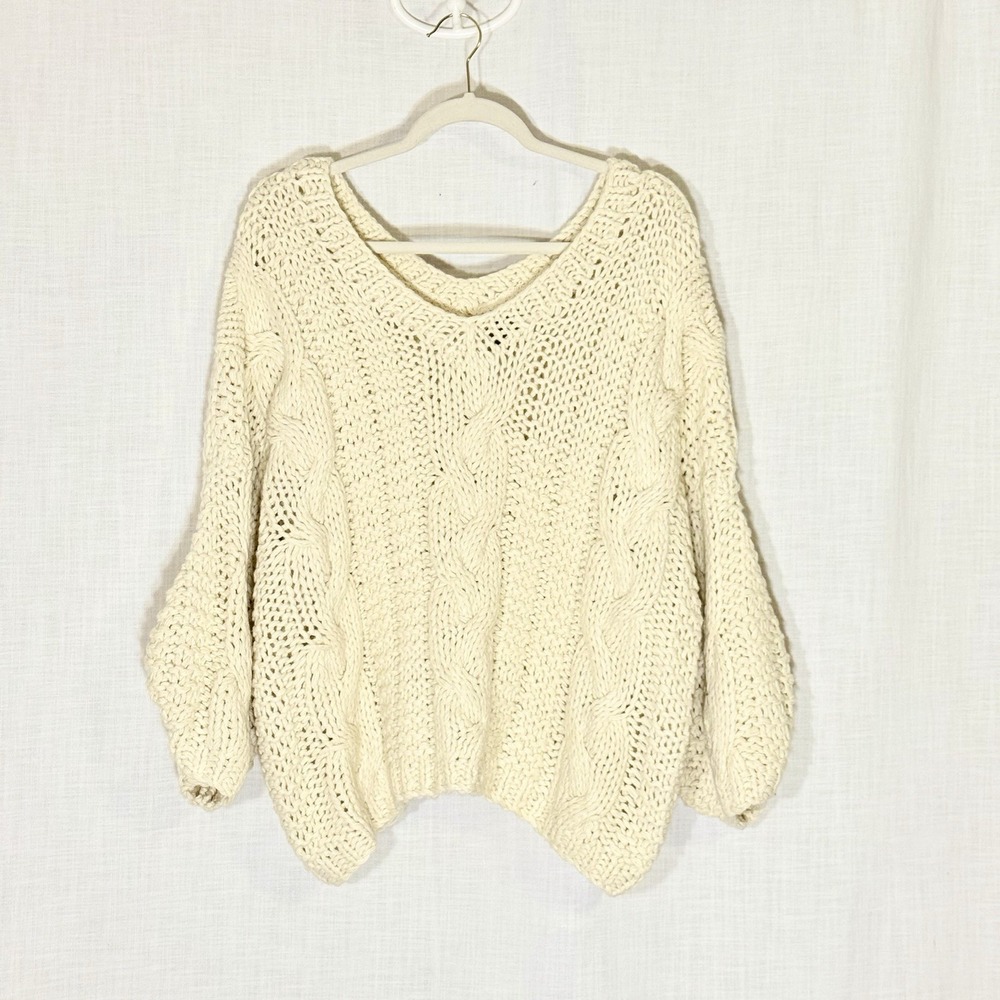 POL‎ Chunky Cable Knit Sweater Cream Oversized Balloon Sleeve Boho L Cottage - Picture 2 of 9